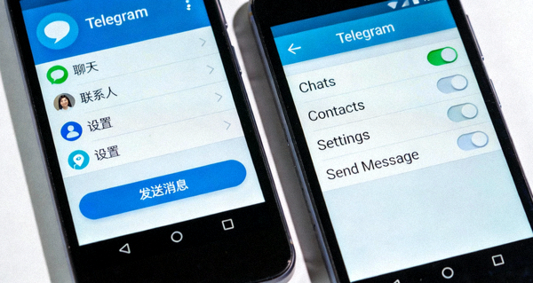 并排对比的两部手机，一部显示Telegram中文版界面，另一部显示英文版界面，突出语言和局部元素的差异