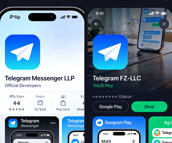 并排显示苹果App Store和Google Play商店中Telegram官方应用的截图，展示其官方开发者标识和正版应用图标