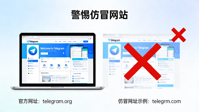 对比图：左侧是Telegram官方网站的清晰界面截图，右侧是一个仿冒网站的模糊截图，用红色叉号标记，强调识别真伪的重要性