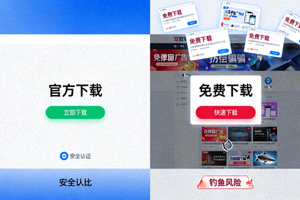 对比图：左侧是干净专业的官方下载页面，右侧是充满弹窗广告的仿冒诈骗网站