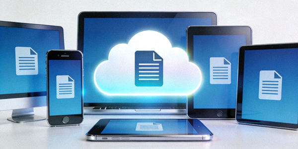 多台设备（手机、平板、电脑）围绕着一个云朵图标，象征着云端存储与多设备同步功能