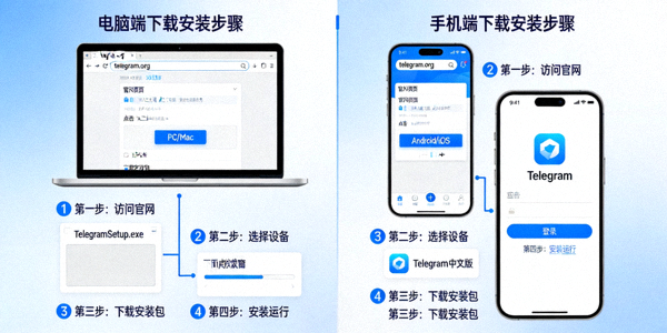 官方下载步骤示意图，展示从电脑和手机访问官网到成功安装Telegram中文版的过程