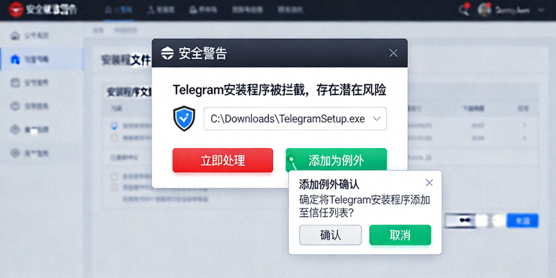 杀毒软件拦截Telegram安装程序的警告弹窗示例图，展示了如何将程序添加为例外