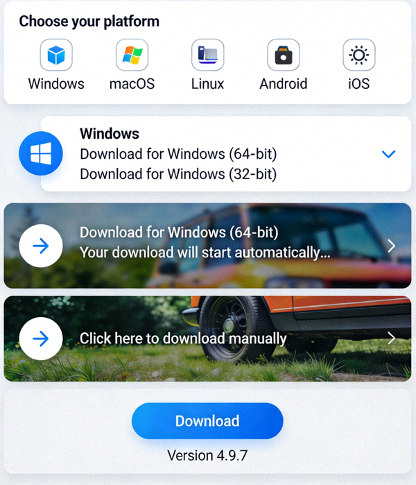 Telegram官方网站下载页面的分步截图，展示了从选择操作系统到点击下载按钮的完整流程，界面清晰易懂
