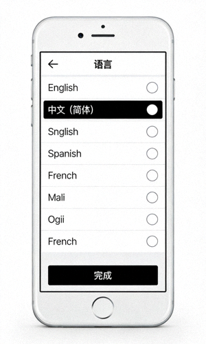 Telegram手机应用设置语言为中文的界面截图，展示了语言选择列表和中文选项