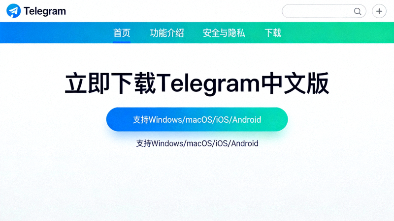Telegram中文版官方网站首页截图，展示了清晰的下载按钮和导航菜单