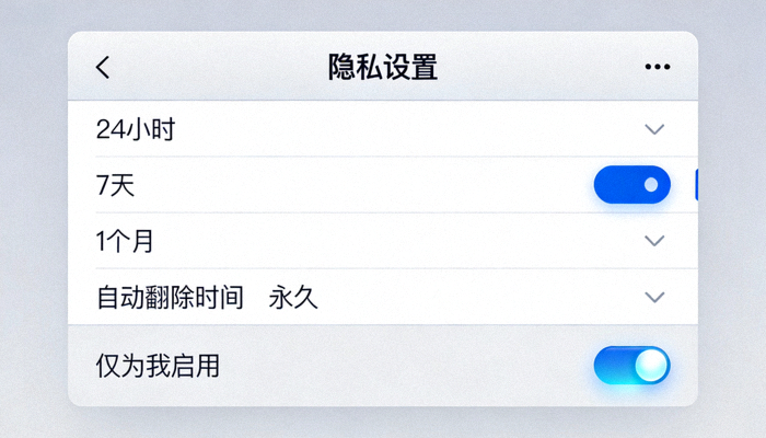 Telegram中文版新隐私设置界面截图，展示了一个弹出菜单，其中包含‘24小时’、‘7天’、‘1个月’、‘永久’等不同的自动删除时间选项，并高亮显示了‘仅为我启用’的开关