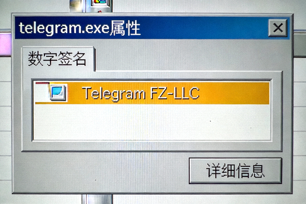 Windows系统中检查Telegram安装程序数字签名的属性对话框截图，高亮显示了签名者Telegram FZ-LLC