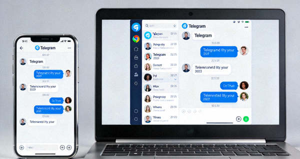一部智能手机和一台笔记本电脑屏幕并排显示，屏幕上展示着Telegram中文版的相同聊天界面，象征着多设备同步