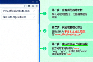 展示如何检查浏览器地址栏中的官方网站域名，高亮显示正确的URL结构