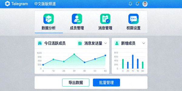 展示Telegram中文版频道和群组管理工具界面的示意图，包含数据分析、成员管理等图标