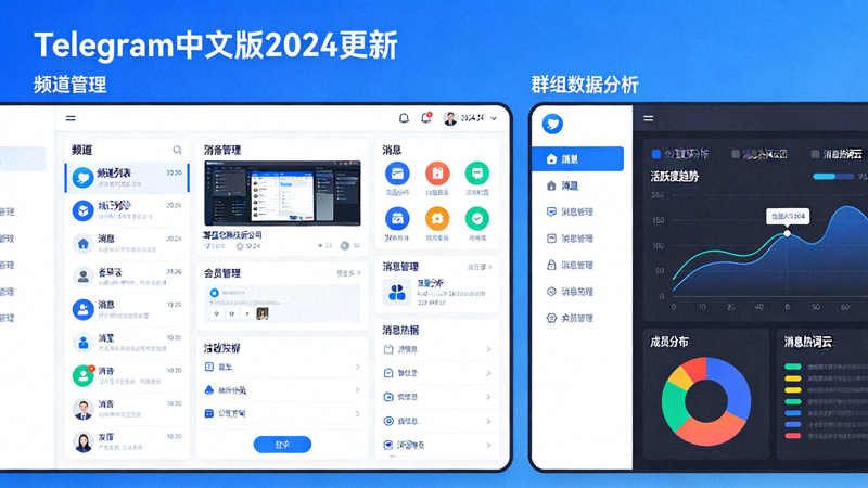 展示Telegram中文版2024年更新界面的主视觉图，左侧为增强的频道管理面板，右侧为新的群组数据分析图表